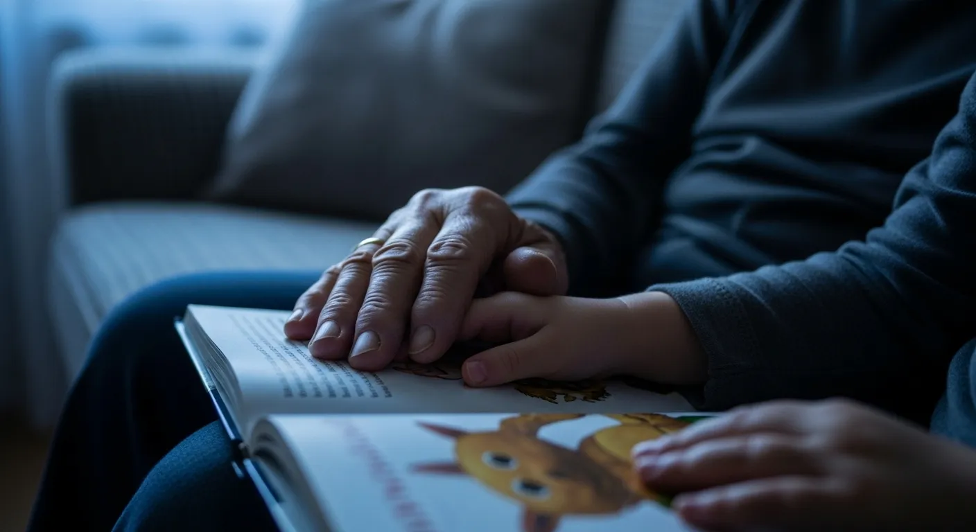 A close-up of an older person's hand and a child's hand touching on an open book, set in a softly lit living room at dusk.