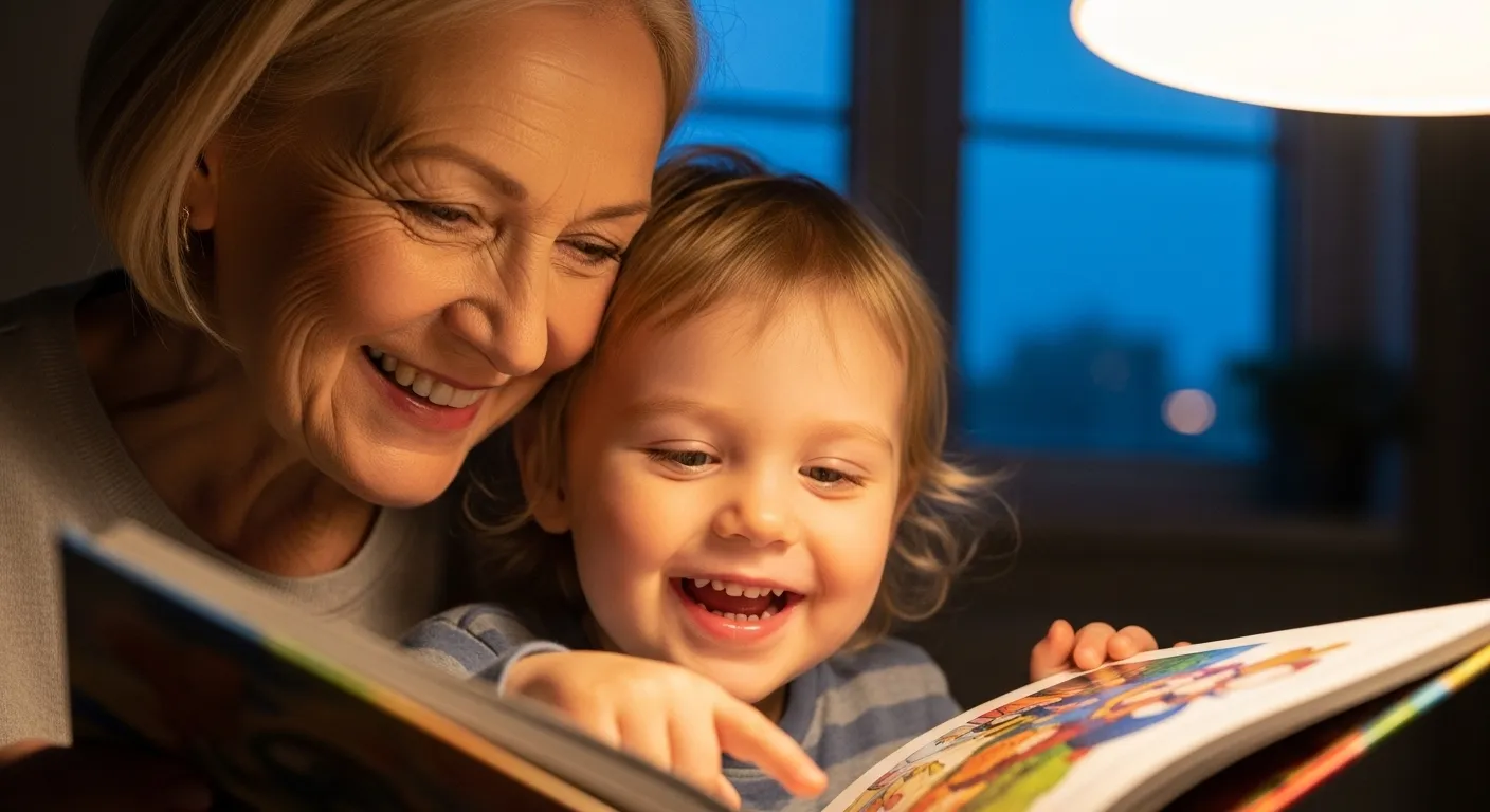 A close-up of a grandmother and grandchild smiling as they read a book together on a sofa at twilight.