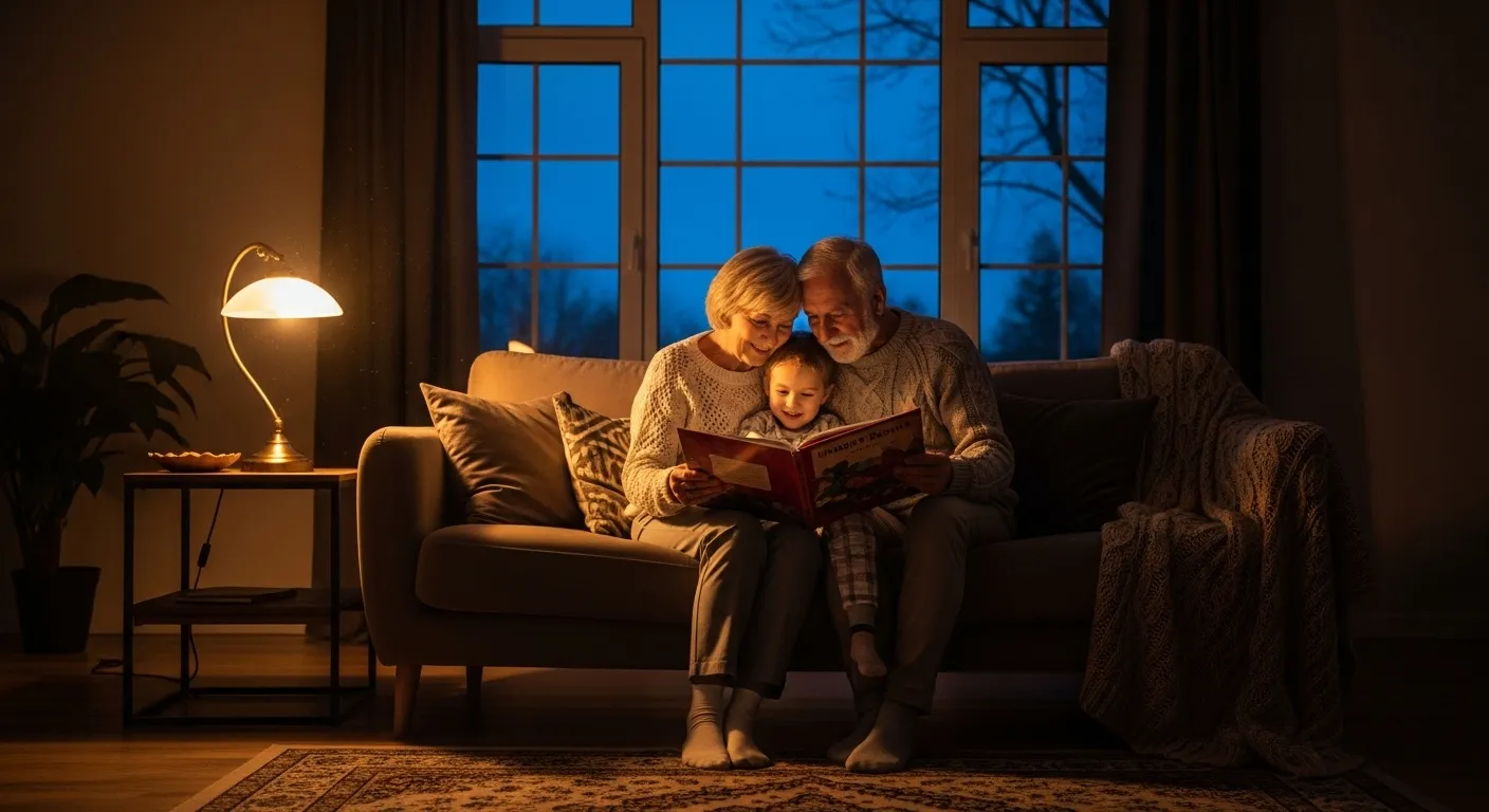 A grandparent and a young grandchild read a book together on a sofa in a warmly lit living room at dusk.