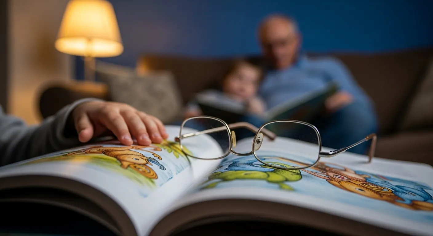 A close-up of reading glasses and a child's hand on a storybook, with a grandparent and child softly blurred in the background at dusk.