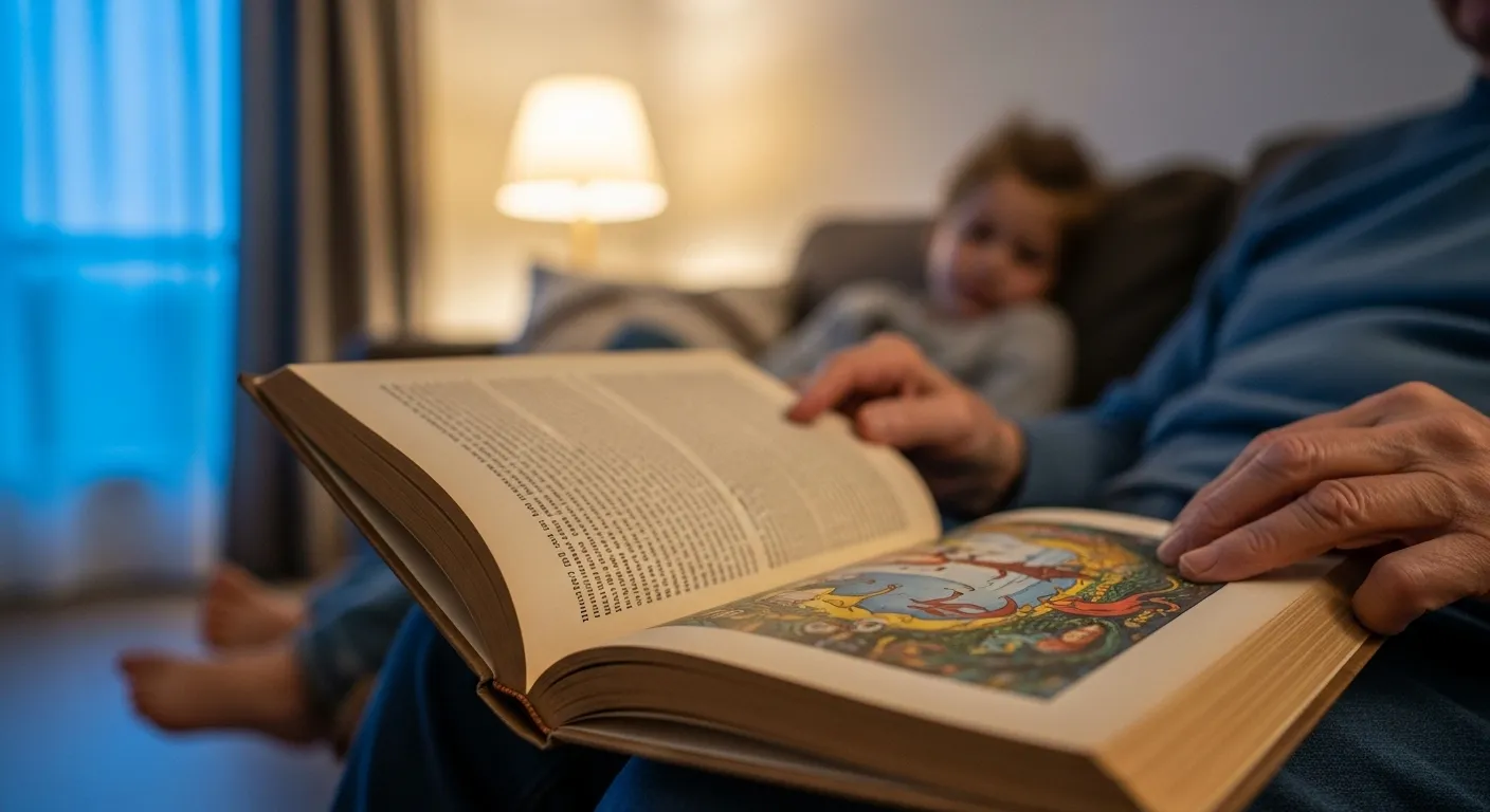 A close-up of an open storybook on a sofa. A grandparent and grandchild are blurred in the background of a cozy living room at dusk.