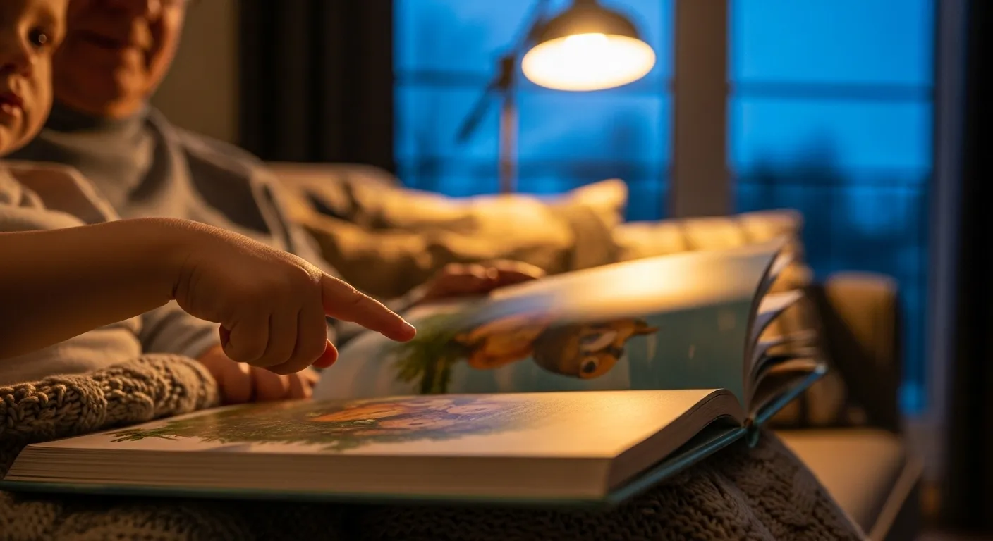 A close-up of a child's hand on a storybook page, with a grandparent reading to them on a sofa in the evening.