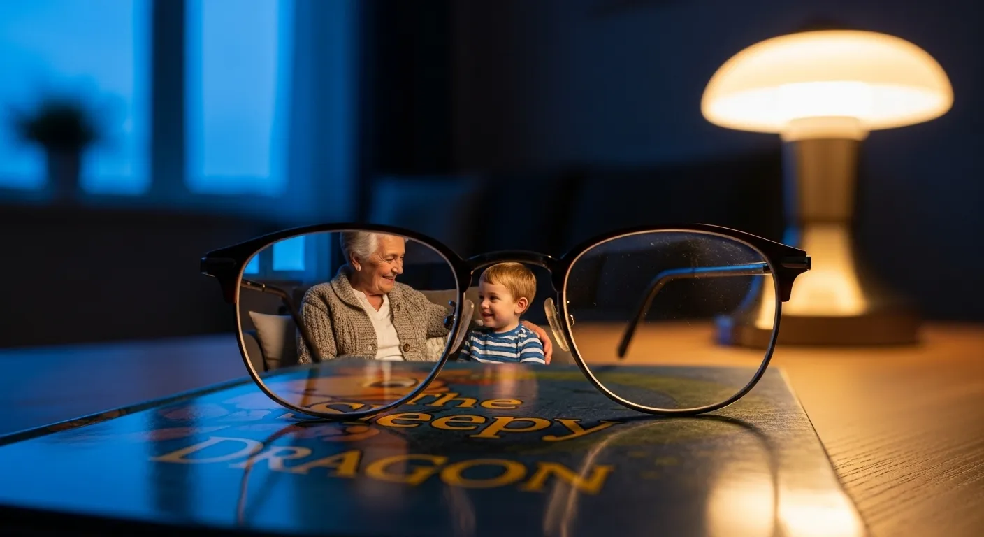 A close-up of reading glasses on a book, reflecting a soft, warm scene of a grandparent and child reading together on a sofa at dusk.
