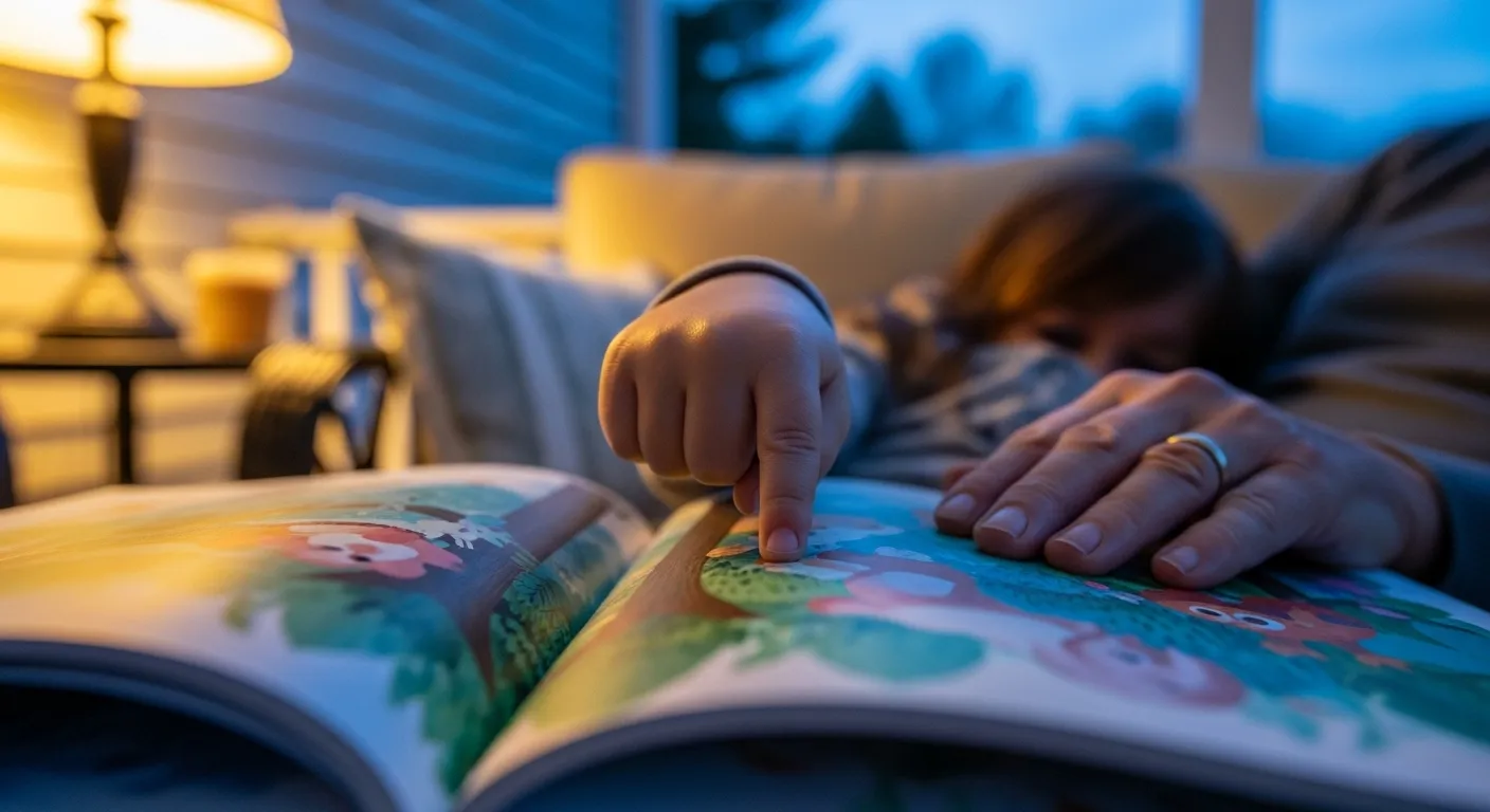 A close-up of a child's finger on a storybook page, with a grandparent's hand resting beside it on a porch at dusk.