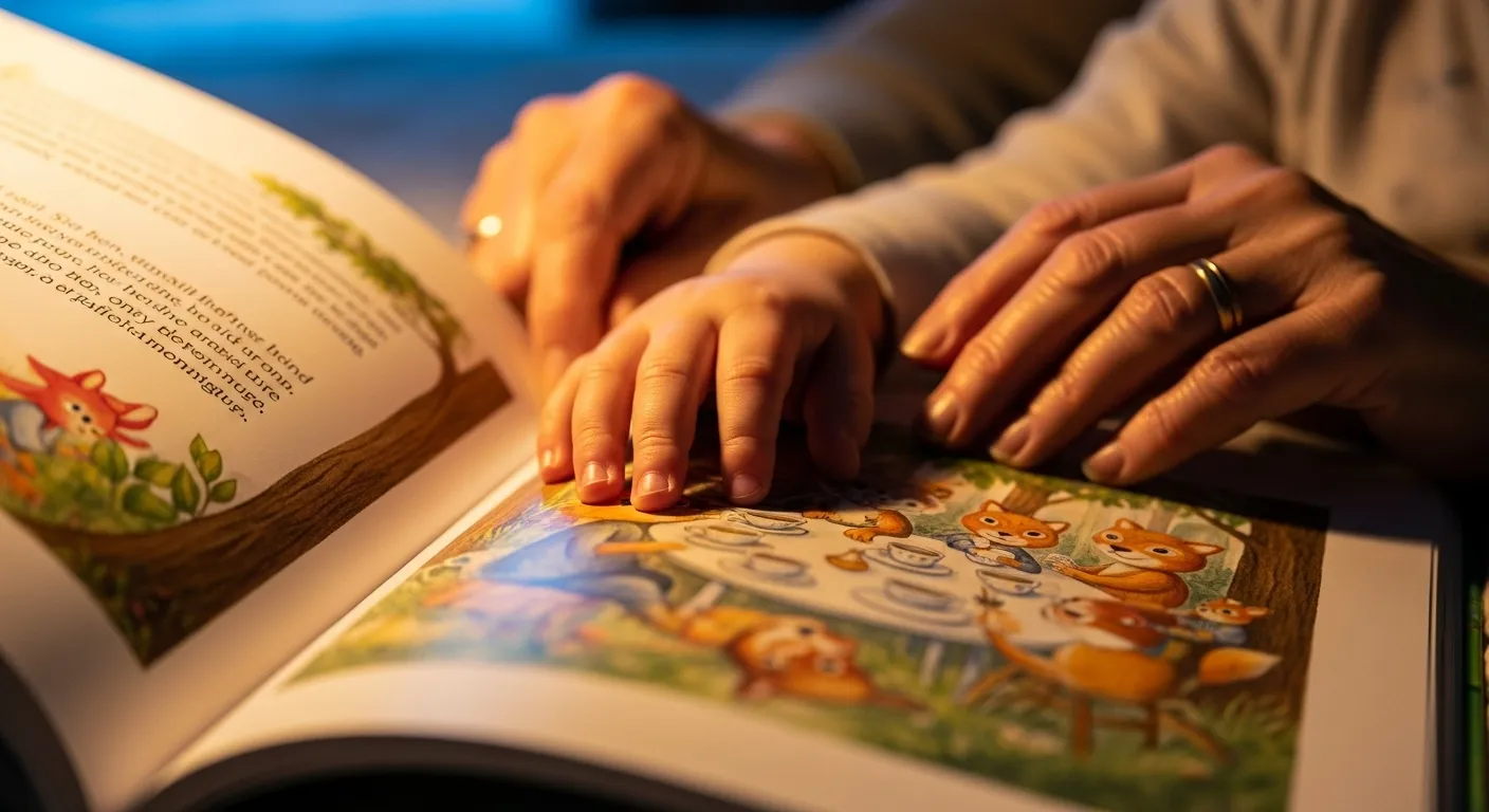 An extreme close-up of a child's hand on a colorful storybook page, held open by an older adult's hand in a warmly lit room at dusk.