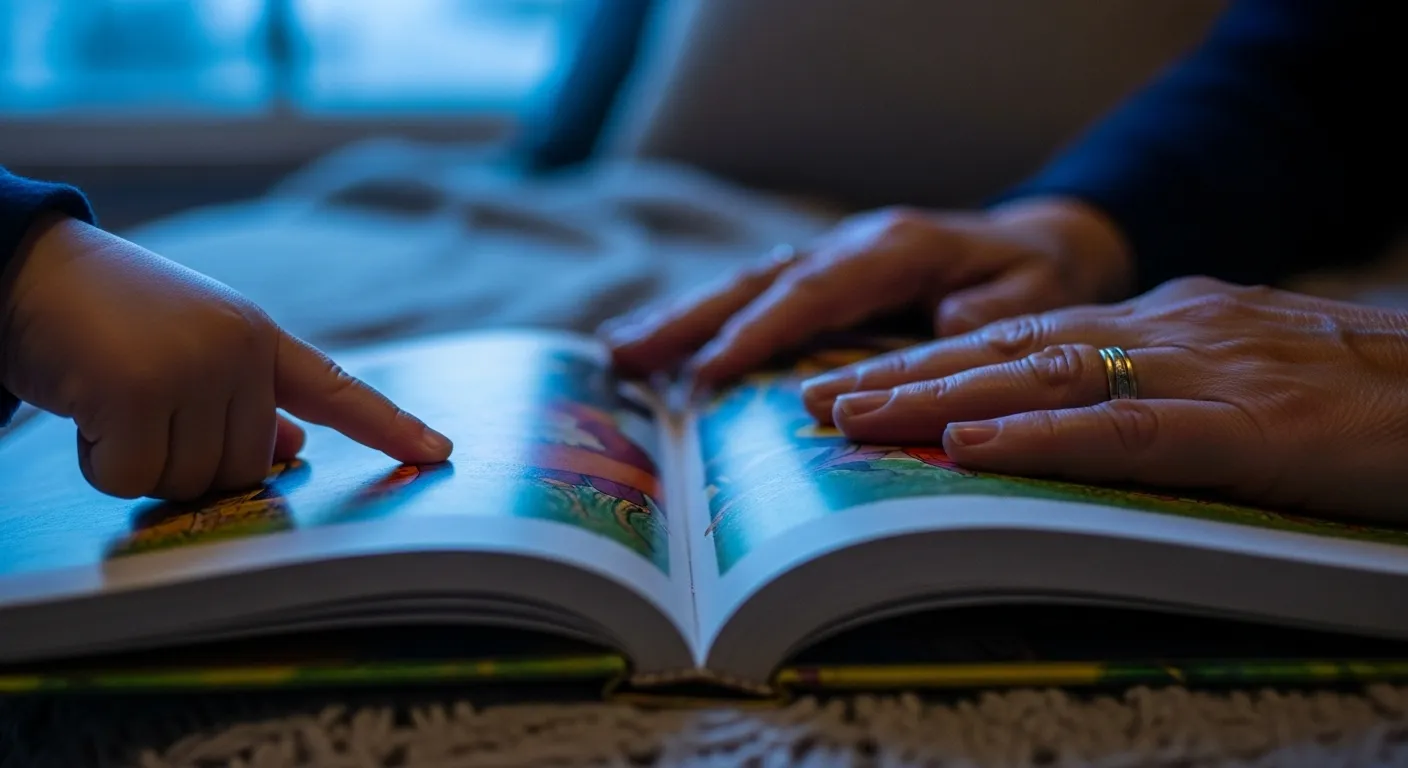 A close-up of a grandparent's hand and a child's hand together on the pages of an open storybook during a quiet evening.