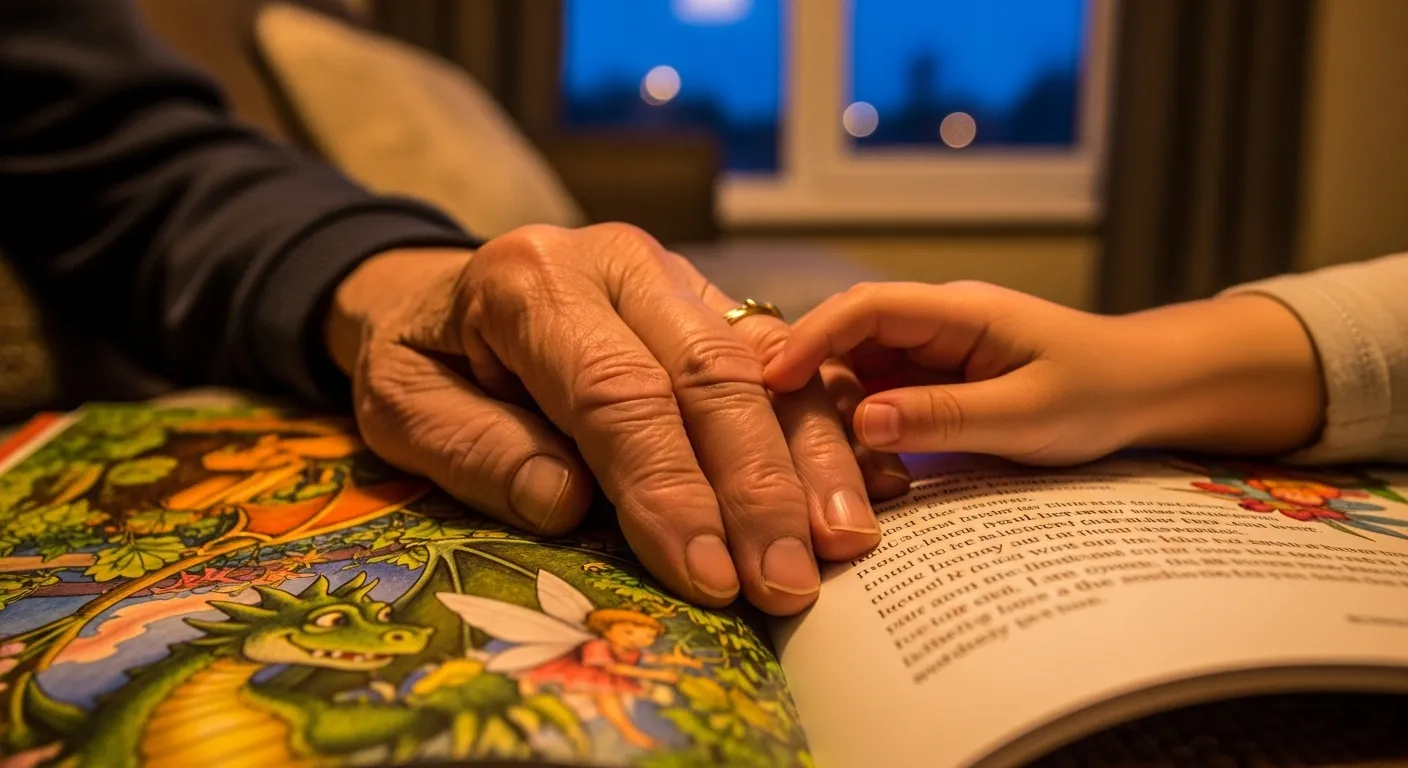 A tight close-up of an older hand and a child's hand together on an open, illustrated storybook on a sofa at twilight.