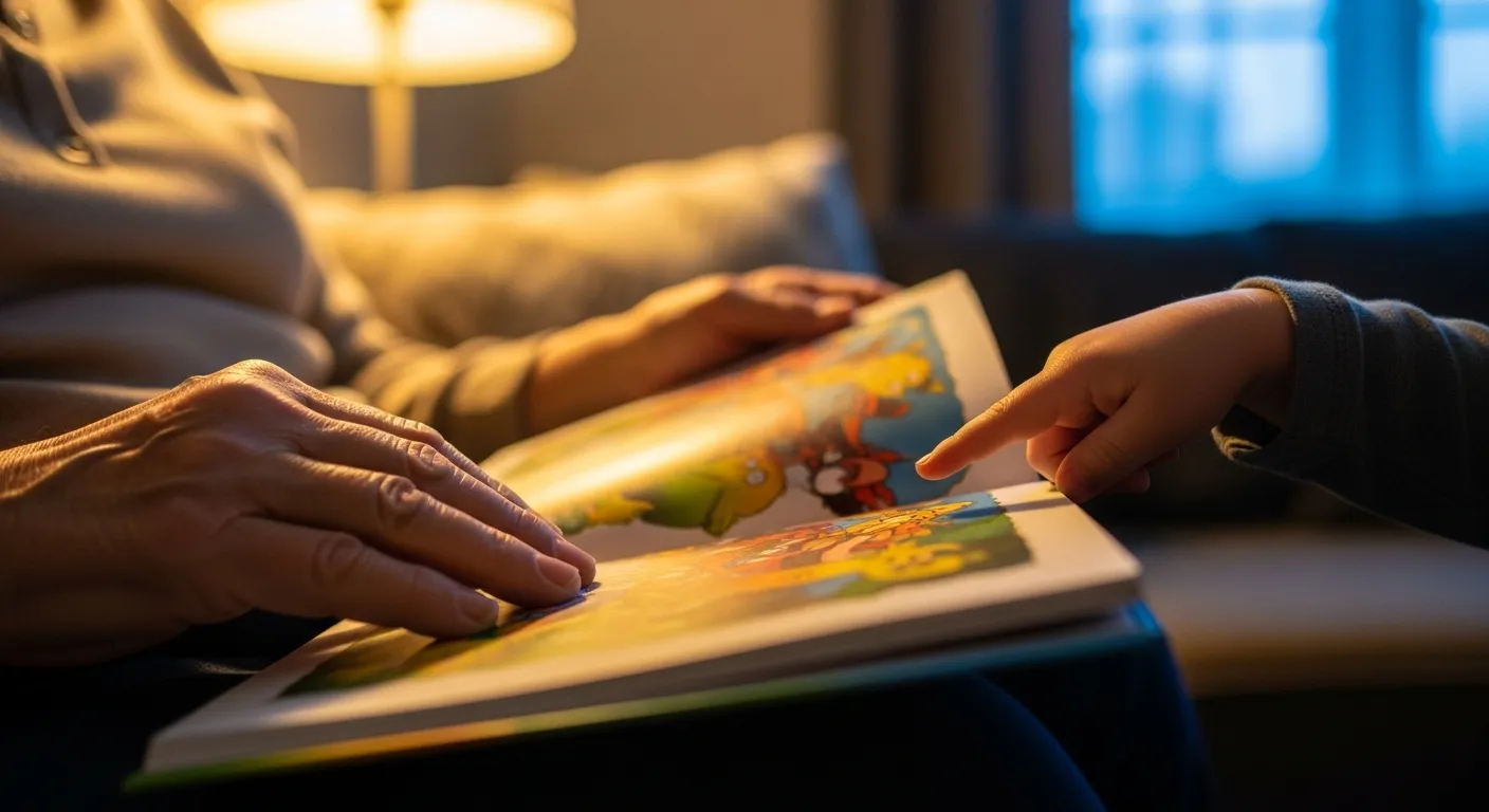 A close-up of a grandparent's and grandchild's hands on an open storybook on a sofa, illuminated by a warm lamp at dusk.