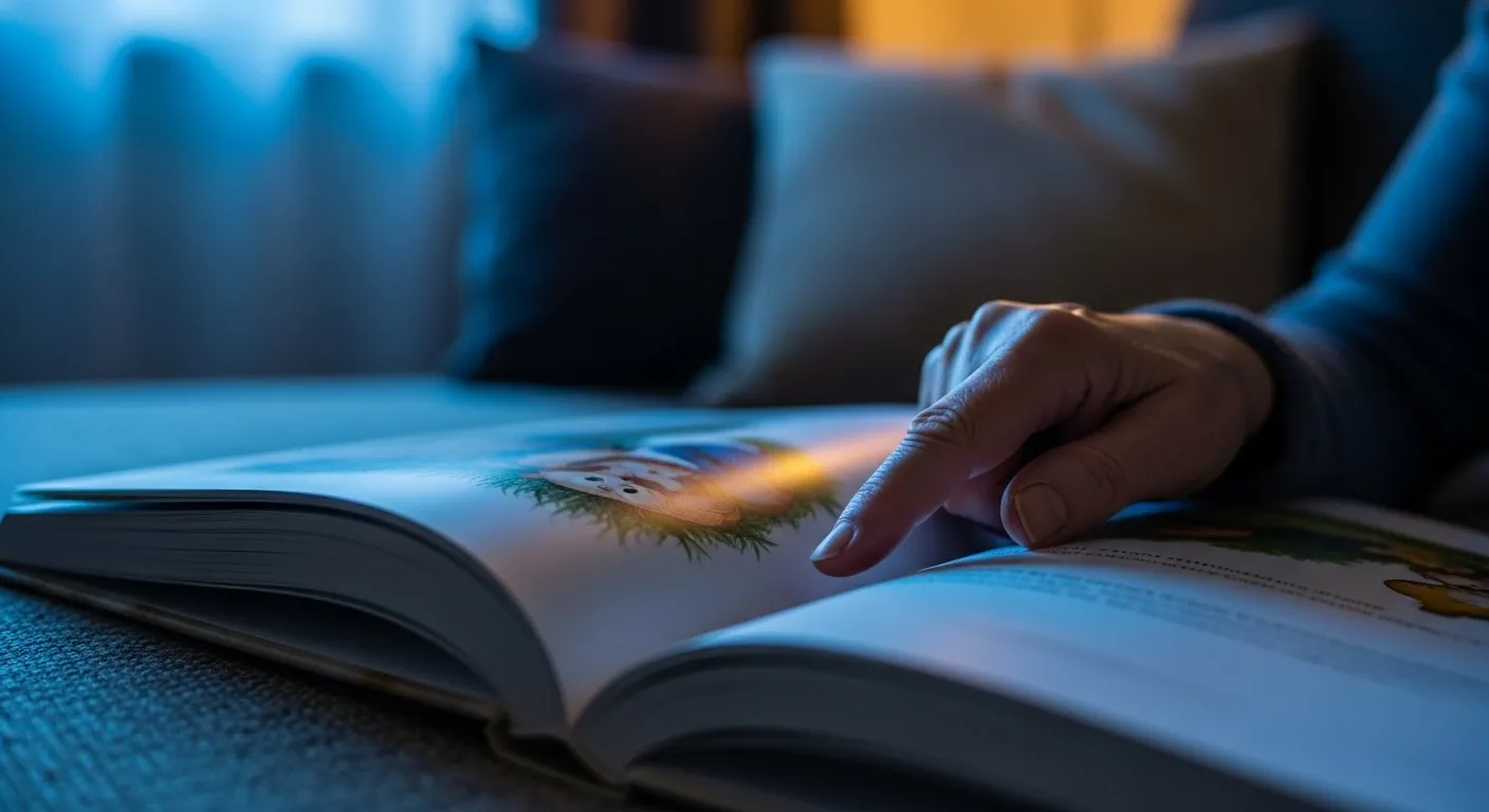 An extreme close-up of an older person's finger pointing to a picture in a book while reading on a sofa at twilight.