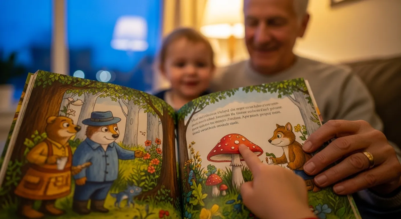A macro shot of a child's hand and a grandparent's hand on an open storybook, with their blurred, smiling faces in the background at dusk.