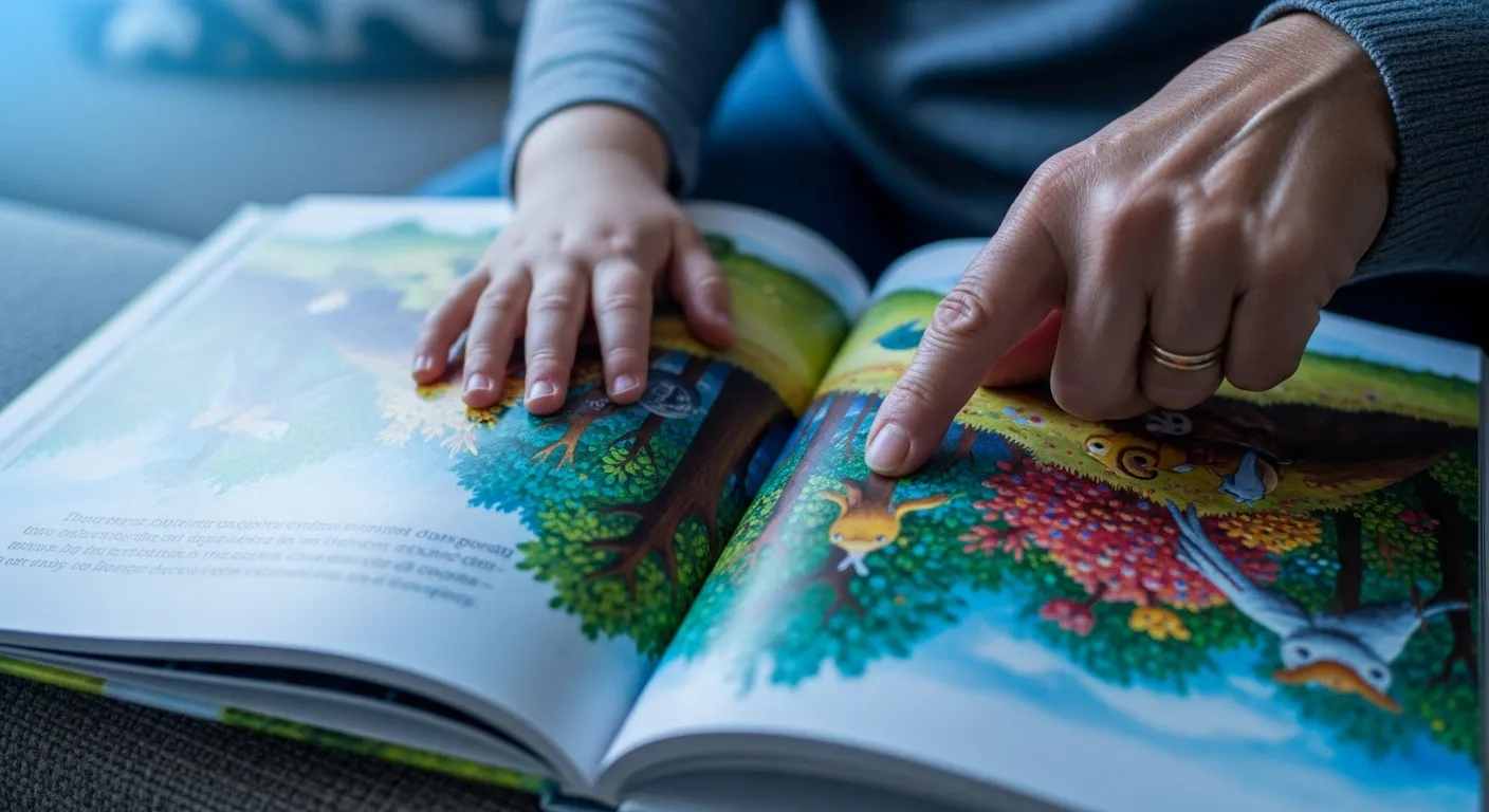 An overhead close-up of an adult and child's hands on an open storybook on a sofa during twilight.