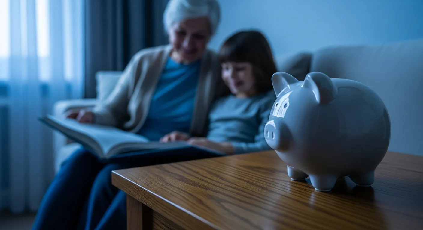 A close-up of a piggy bank on a table. In the out-of-focus background, a grandparent reads a book to a grandchild on a couch at dusk.