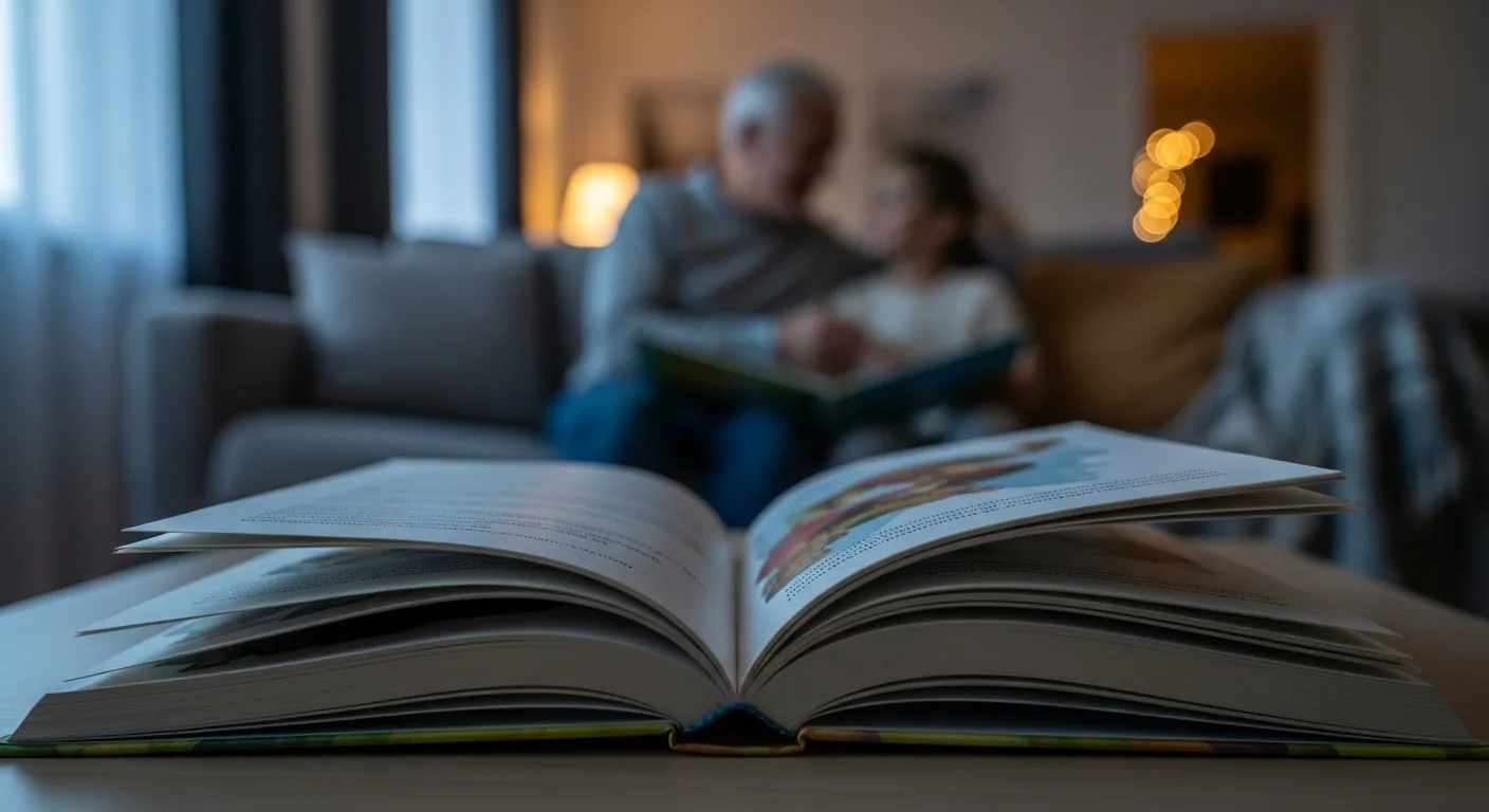A macro shot of an open storybook at dusk, with the blurred figures of a grandparent and grandchild reading together on a sofa.