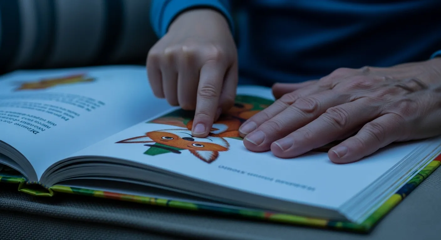 Macro view of a grandparent's hand and a grandchild's hand together on the page of an open storybook on a sofa at dusk.