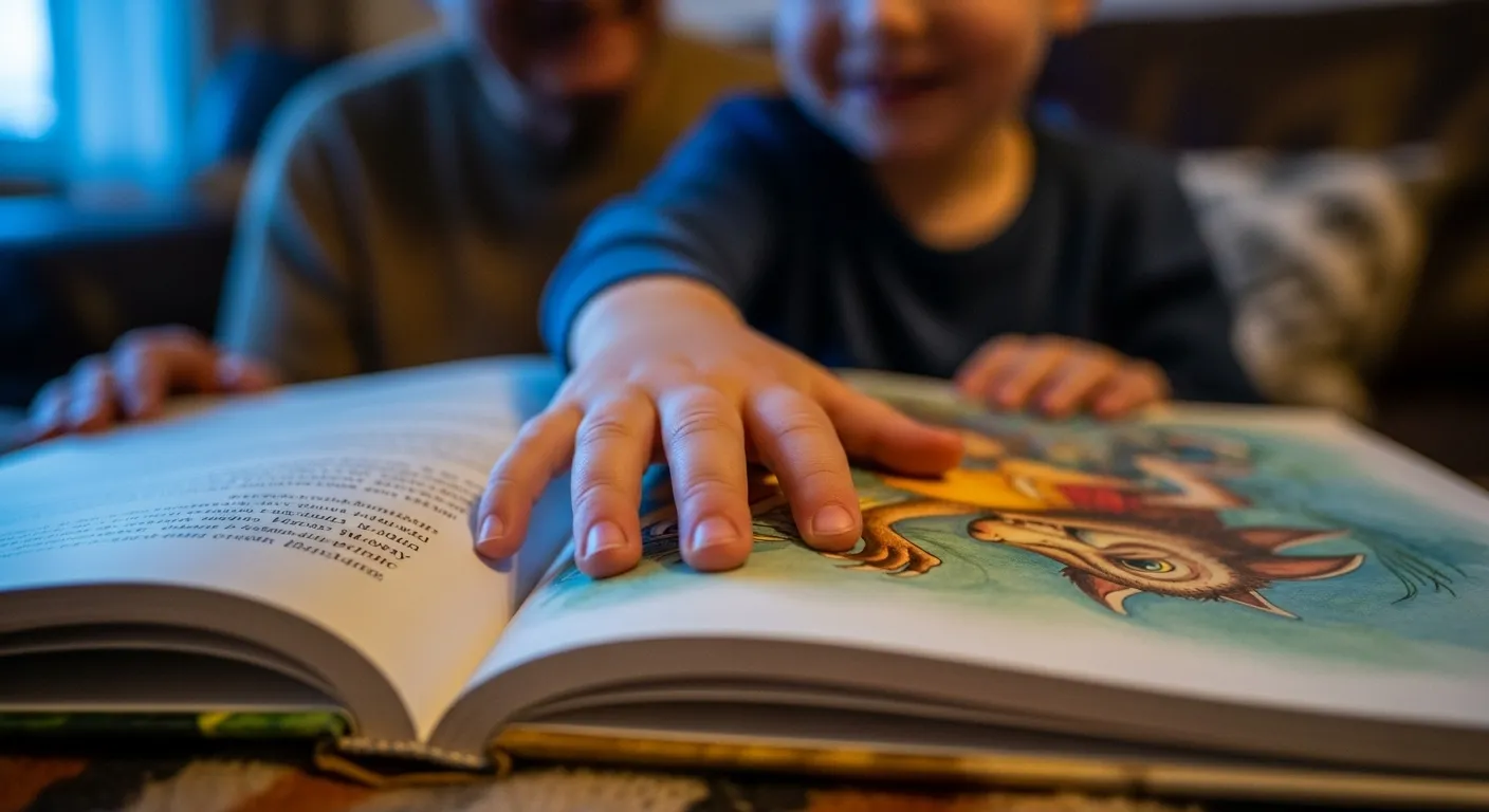 Macro view of a child's hand on a book. A smiling grandparent and the cozy room are softly blurred in the background during twilight.
