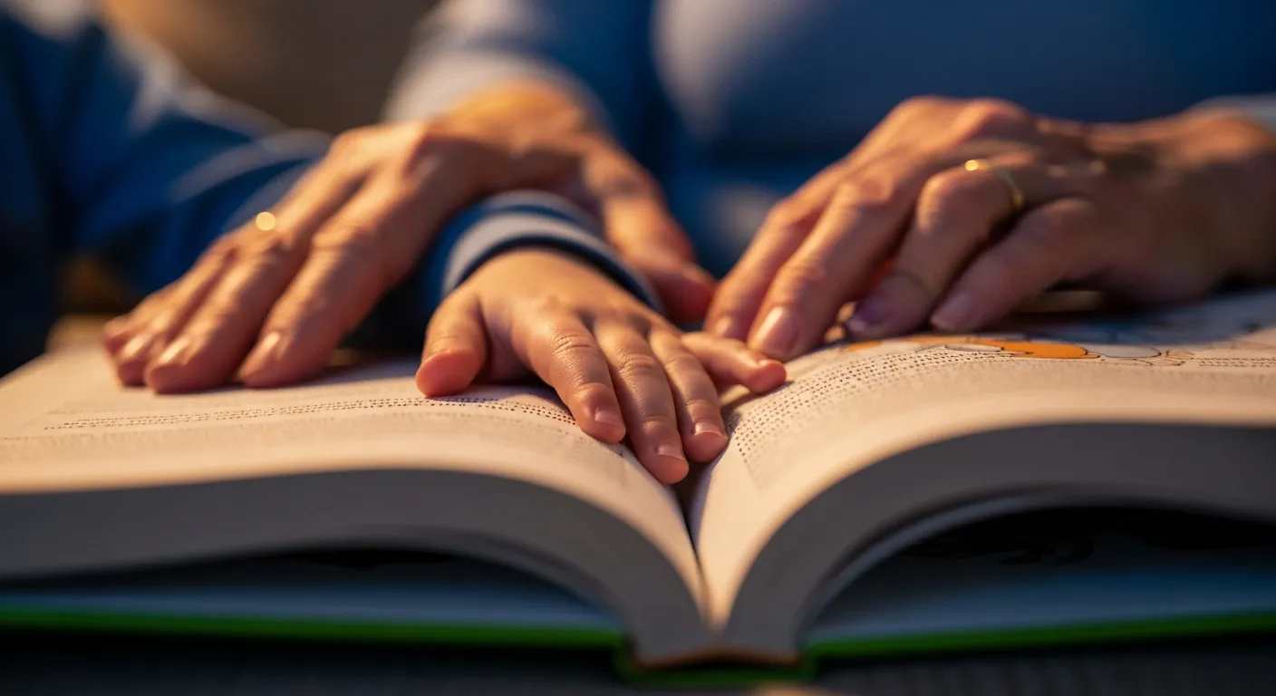 A close-up of a grandchild's and grandparent's hands side-by-side on an open storybook in the evening.