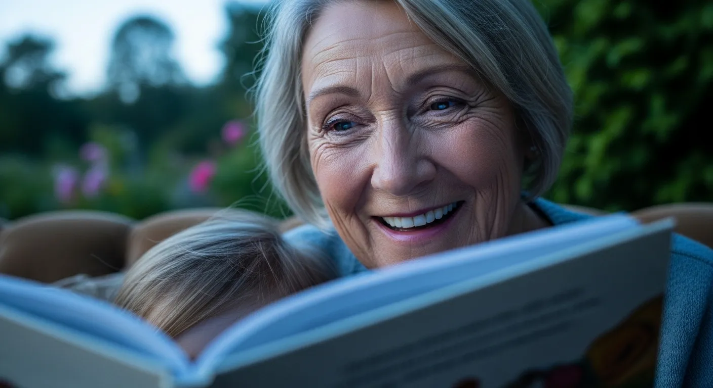 Macro portrait of a grandparent's smiling eyes while reading a book on a sofa placed outdoors at dusk.