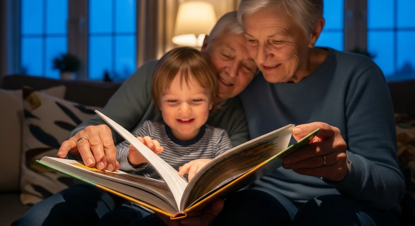 A close-up on a storybook held by a grandparent and a grandchild sitting on a sofa in a living room at dusk.