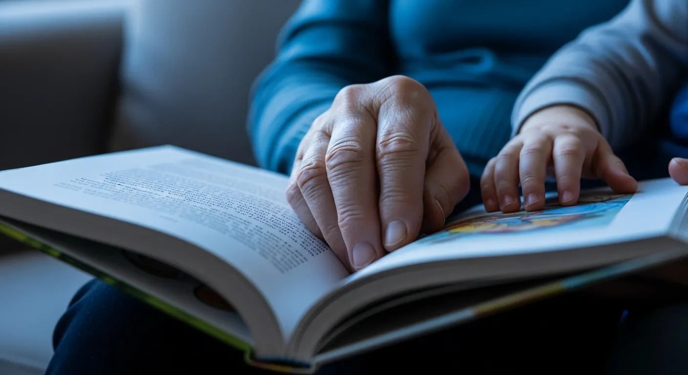 Close-up on an older person's hand and a child's hand on an open storybook, suggesting a shared moment of storytelling at dusk.