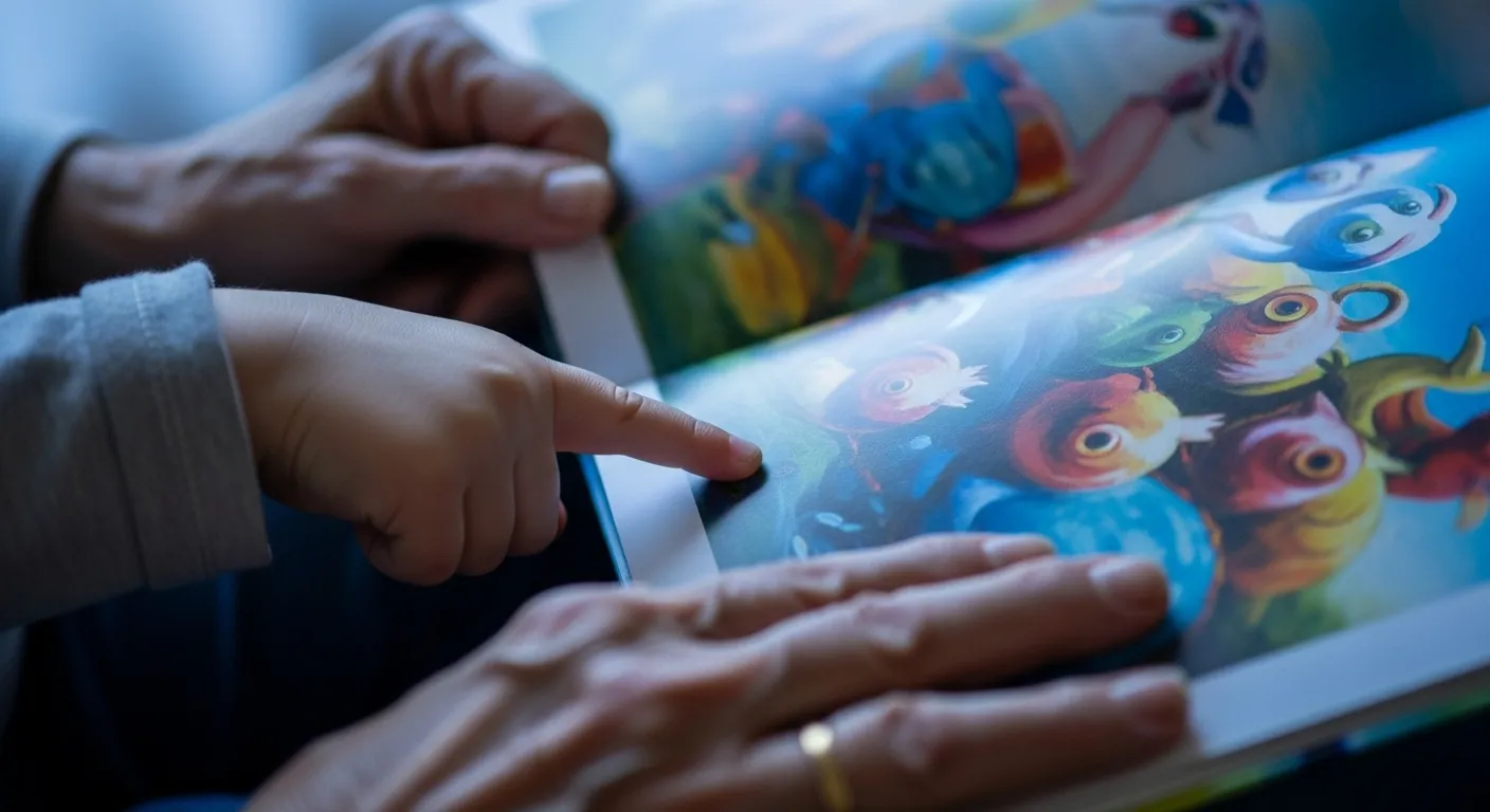 A close-up of a child's finger on an open storybook page, held by an older person's hands during twilight.