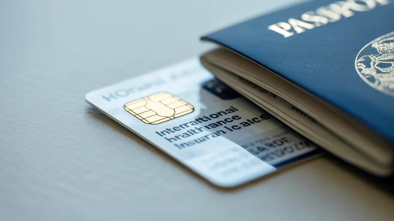A close-up of a passport and a generic international health insurance card, illustrating the need for healthcare abroad.