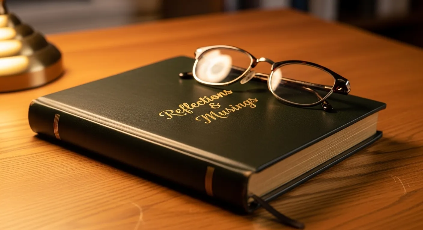 A closed journal with reading glasses on top, sitting on a wooden desk in the warm, soft light of a lamp.