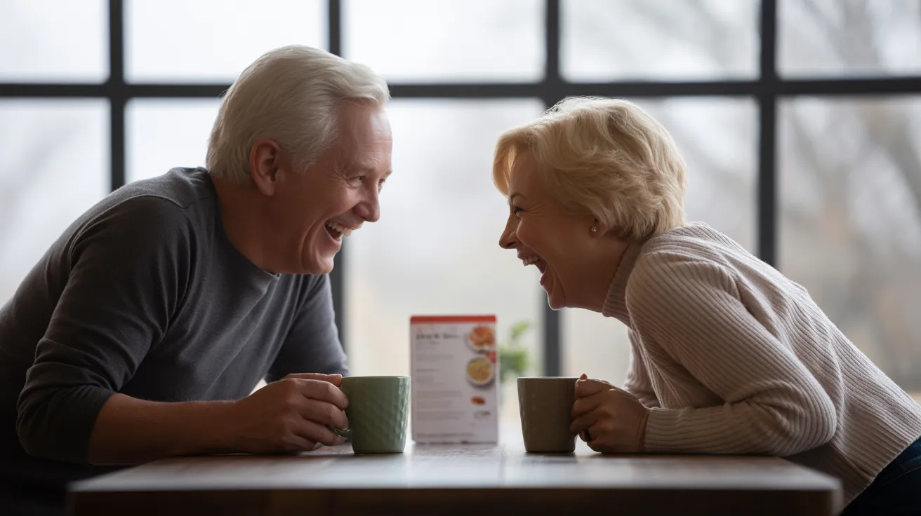 A senior man and woman are laughing together at a brightly lit kitchen table with coffee mugs and a blurred recipe card.