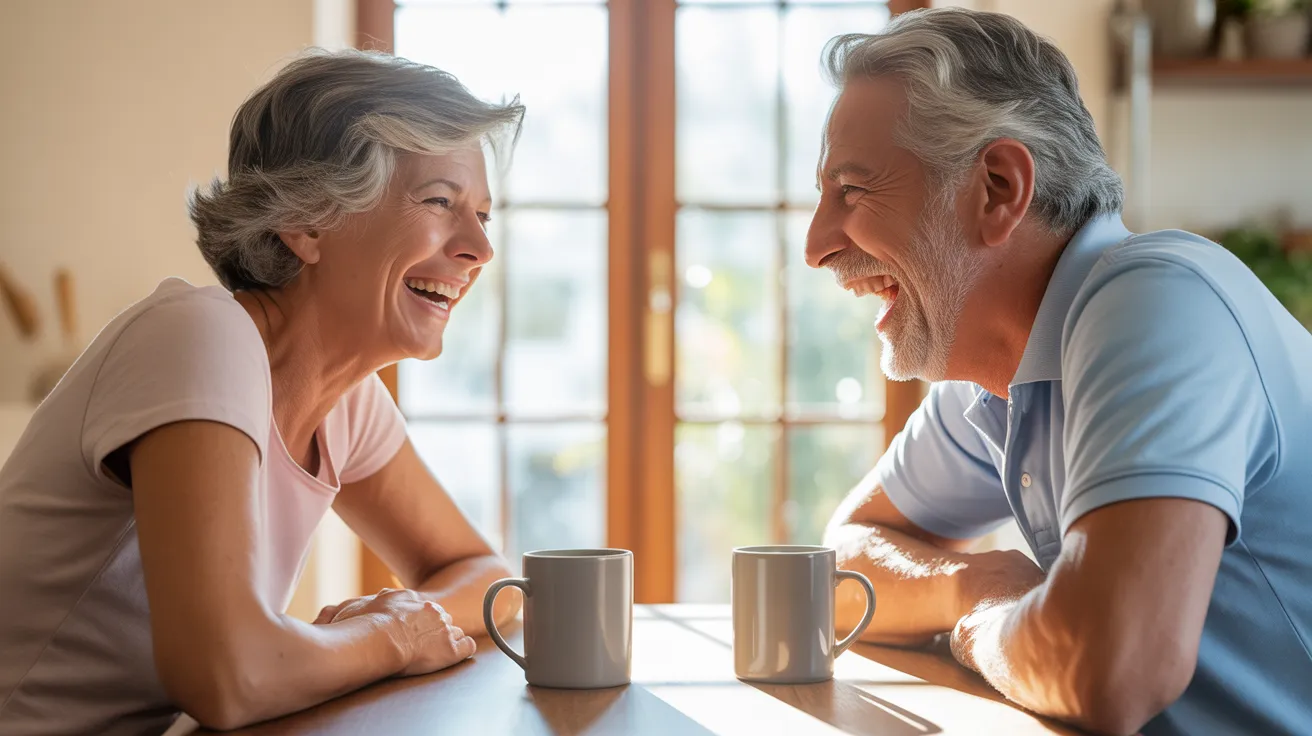A senior man and woman share a laugh over coffee at a sunlit kitchen table, sitting opposite each other.