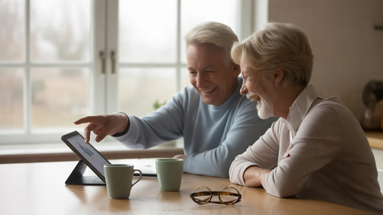A senior man and woman laugh together at a kitchen table with coffee mugs and a tablet showing a generic chart.