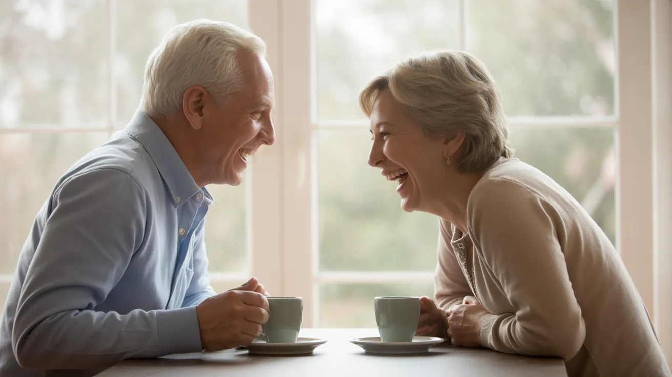 A senior man and woman are sitting at a sunlit kitchen table, laughing together while drinking coffee.