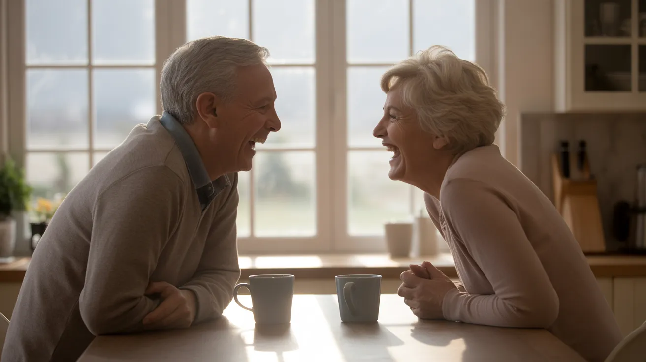 A senior man and woman laugh together while having coffee at a kitchen table, brightly lit by soft, natural window light.