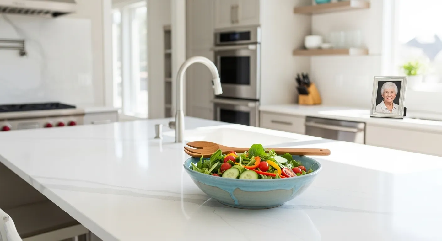 A wide view of a sunlit kitchen with a large bowl of healthy salad on the island. A small framed photo is visible on a shelf in the background.