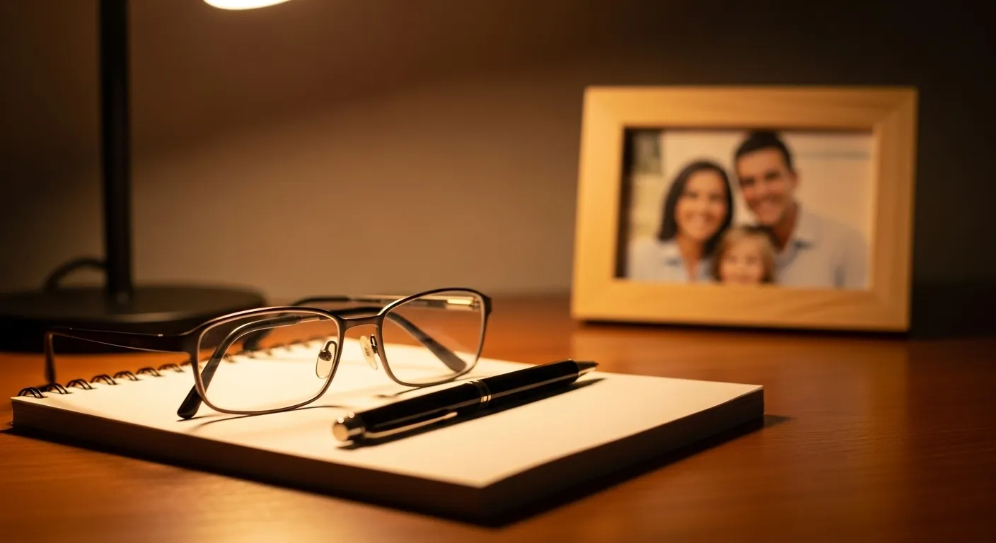 Reading glasses on a blank notepad and pen, with a blurred family photo in the background, lit by a warm evening lamp.