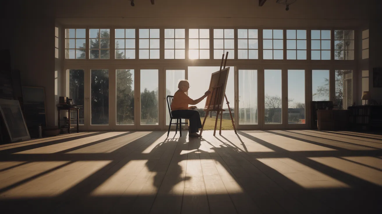 An ultra-wide view of a sunlit room where a senior is painting at an easel, with strong shadows from the midday sun on the floor.