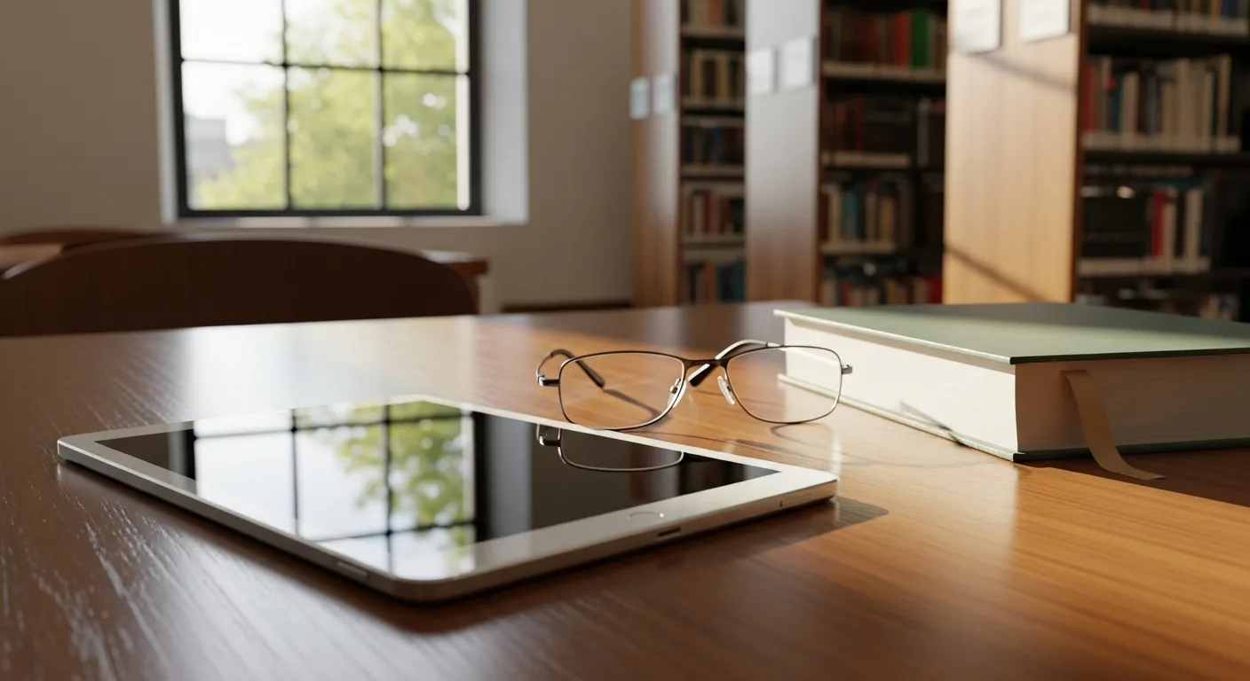 A tablet, reading glasses, and a library book on a sunlit table, suggesting quiet digital learning and research.