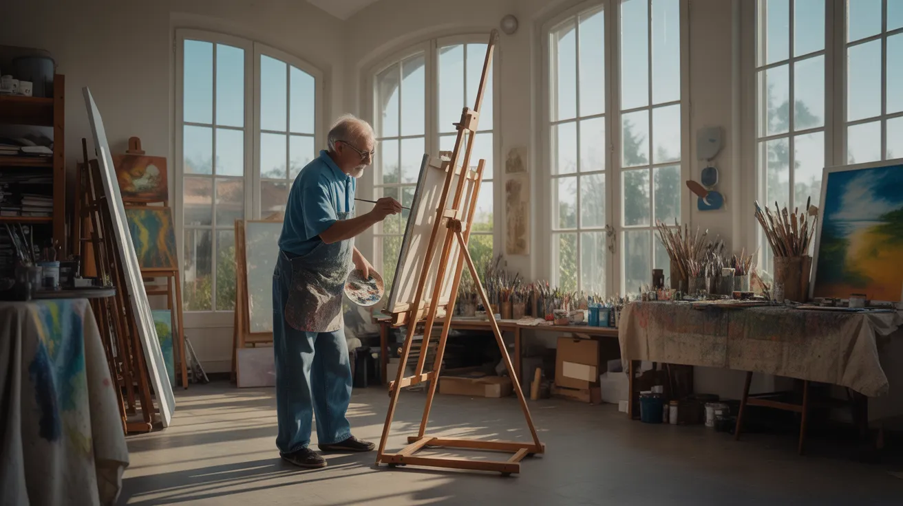 An expansive view of a senior's home art studio, brightly lit by midday sun. A person is at an easel, painting, surrounded by art supplies.