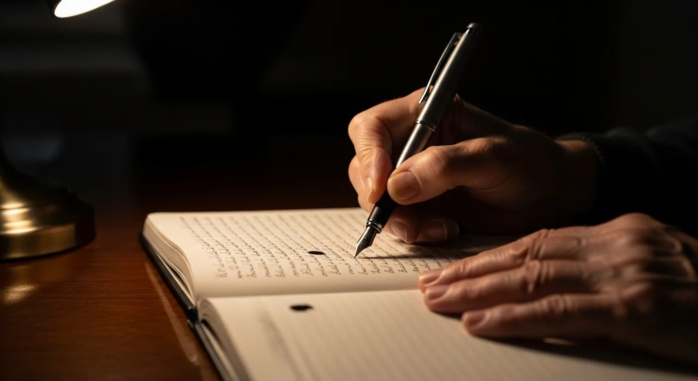 A close-up of a senior's hands writing in a journal with a fountain pen, illuminated by a warm desk lamp at night.