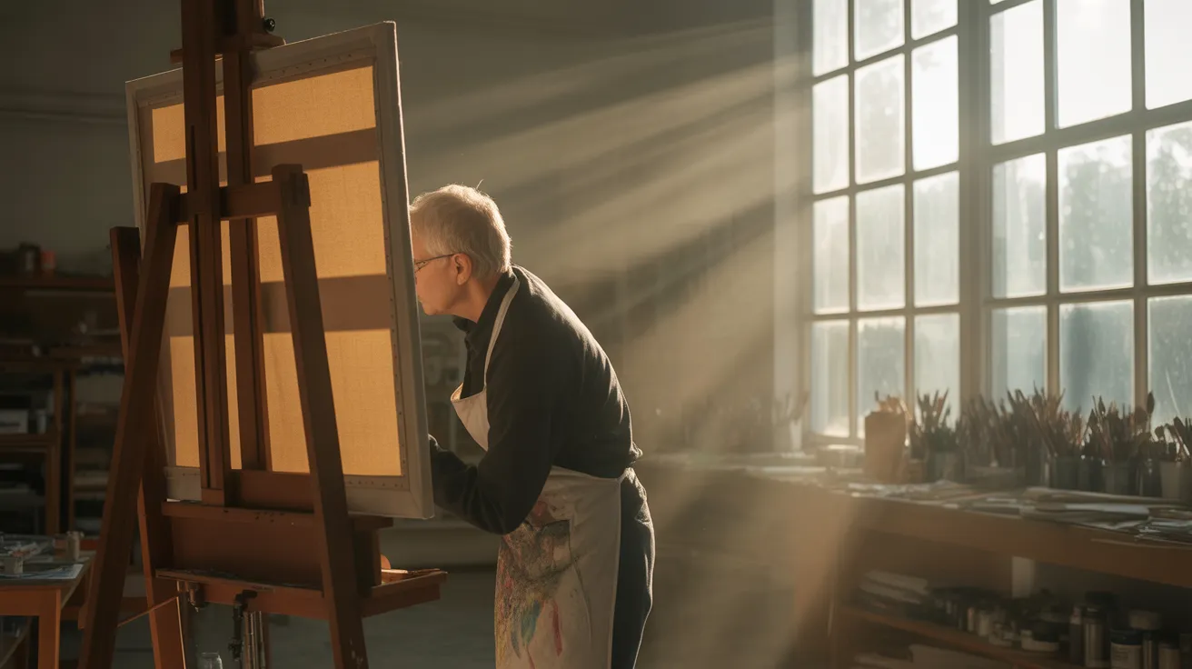 A senior artist paints in a bright, sunlit studio. An ultra-wide view captures the creative space with strong light and shadows.