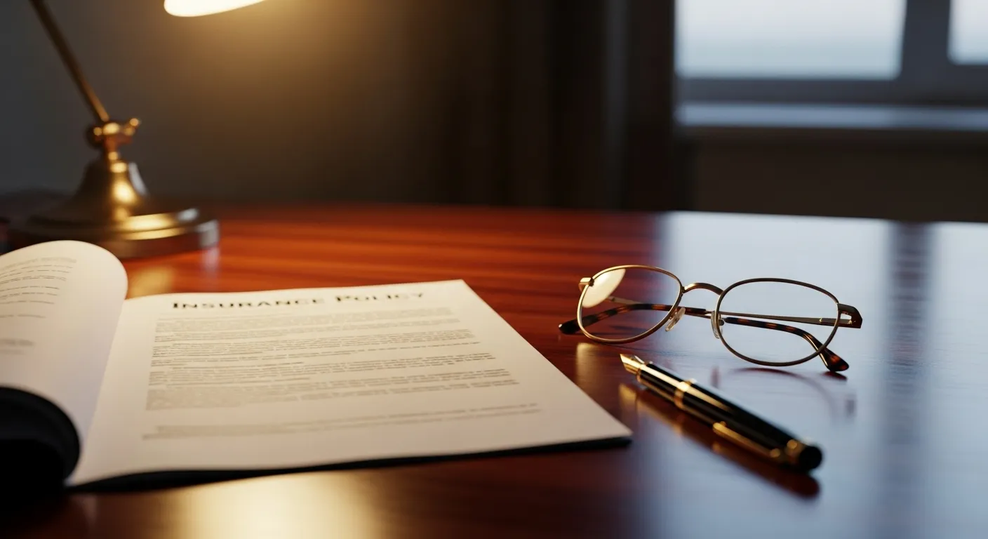A close-up of a blurred policy document and reading glasses on a desk, lit by a warm lamp.