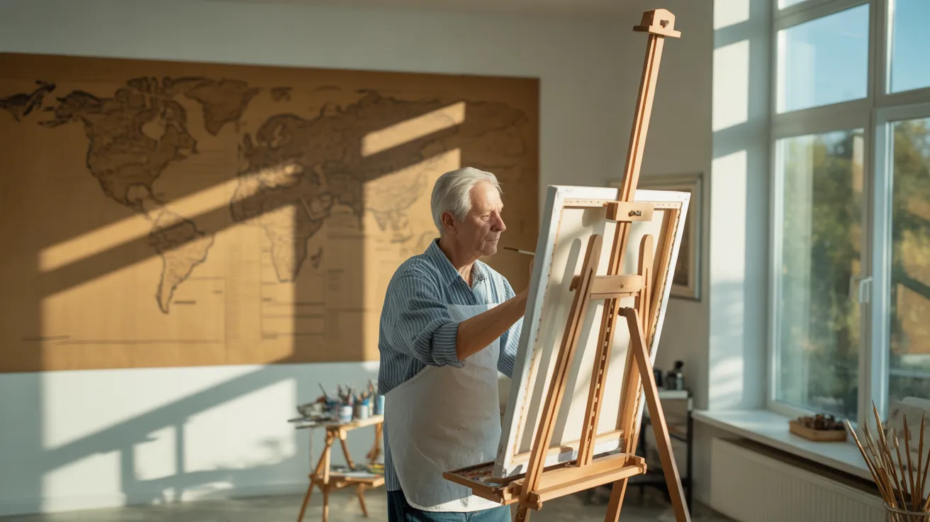 A senior painter at an easel in a sunlit studio. An ultra-wide view shows a large planning map on the wall behind them.