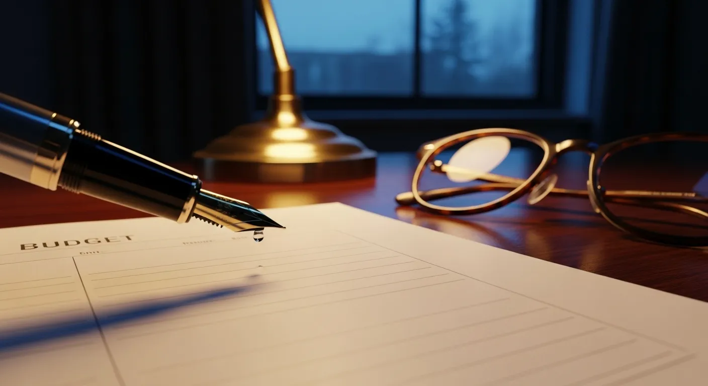 A close-up of a pen and reading glasses on a blank budget planner, suggesting late-night financial planning for retirement.