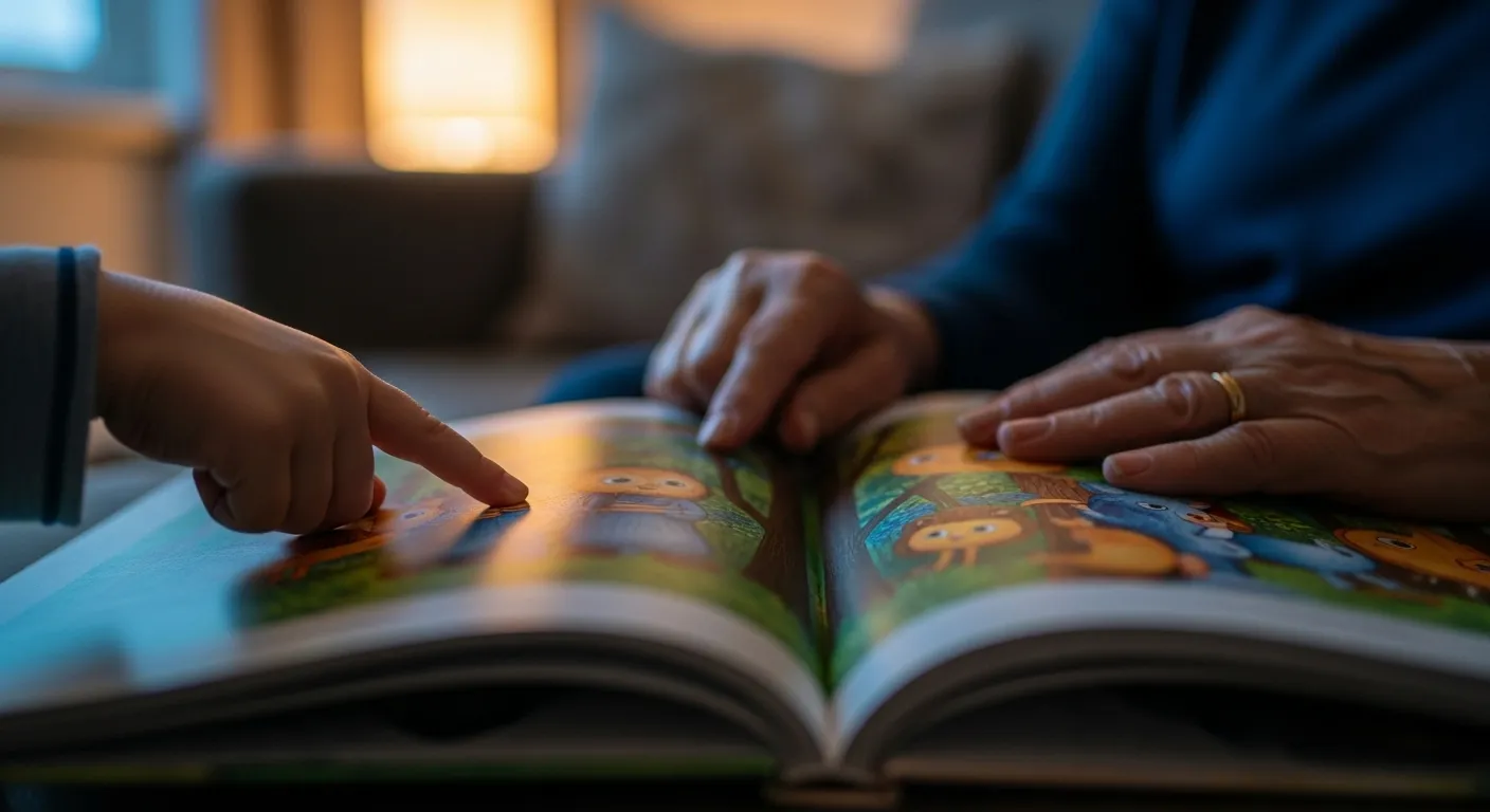 A close-up of a child's finger and a grandparent's hand on an open storybook page on a sofa at dusk.