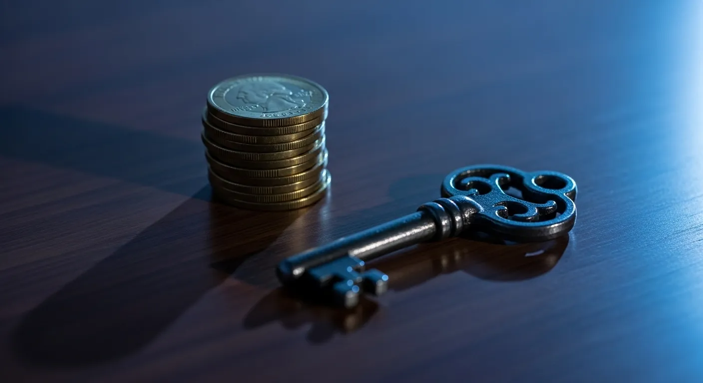 A close-up, macro shot of a small stack of coins and a key on a wooden table during blue hour.
