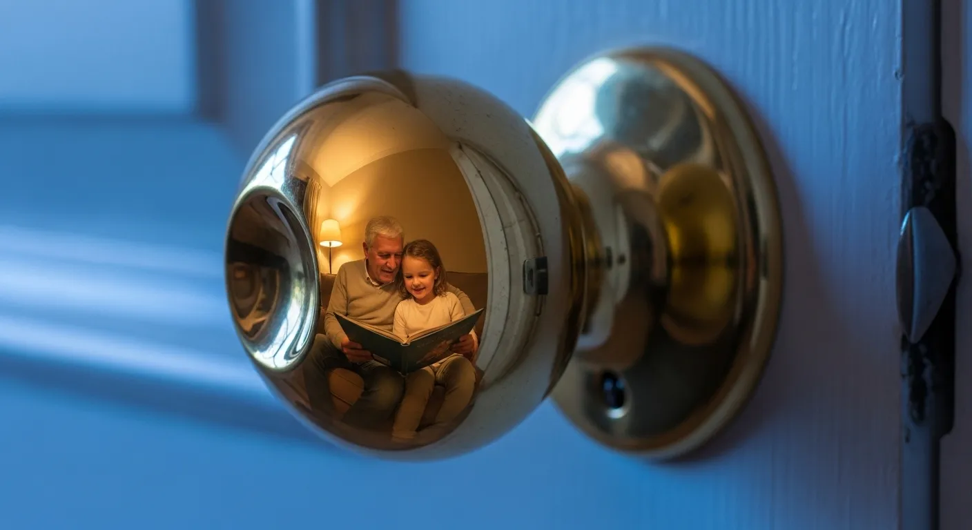 An extreme close-up of a brass doorknob reflecting a warm, cozy scene of a grandparent reading to a child at dusk.