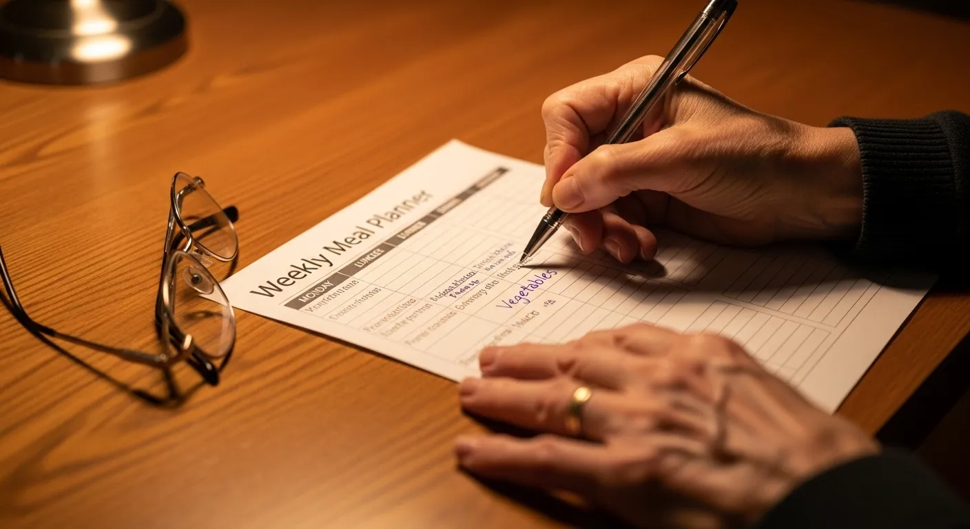 Close-up of a senior's hands with a pen, filling out a weekly meal planner next to a pair of reading glasses under warm lamplight.