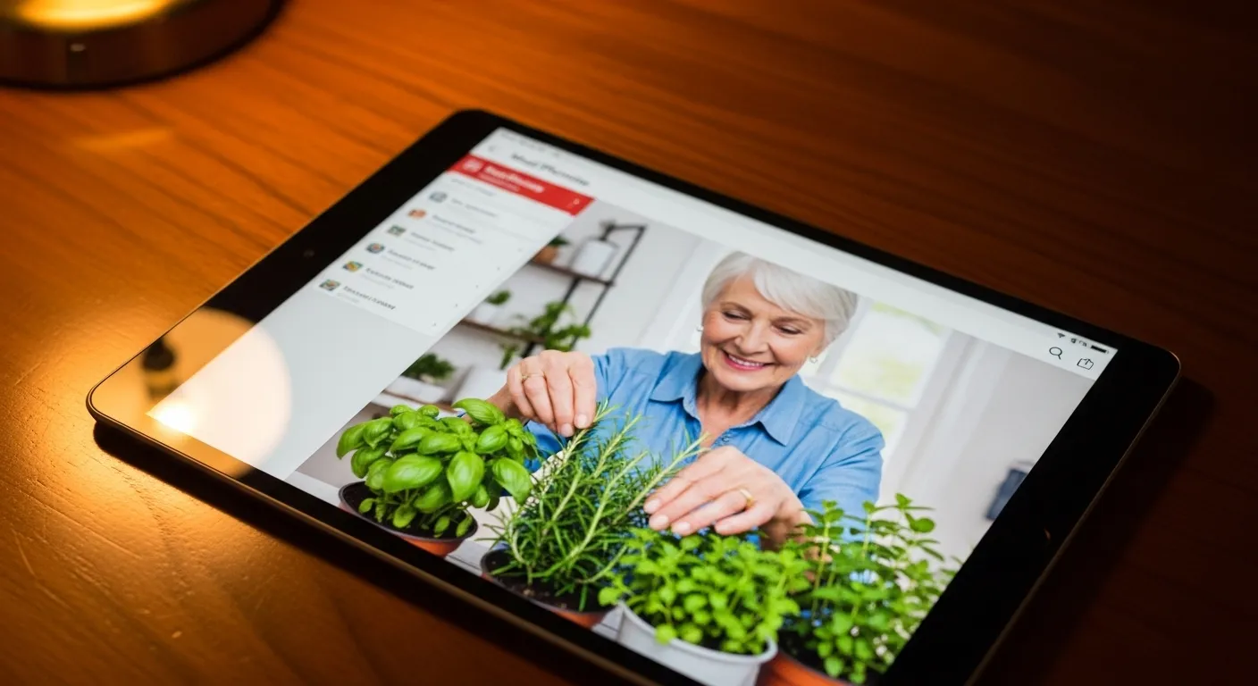 A tablet on a table in the evening, displaying a photo of a senior woman gardening, used for meal planning inspiration.