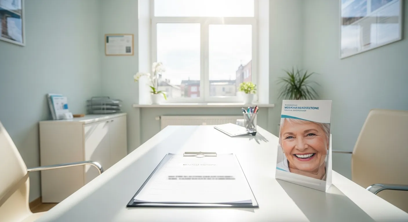A sunlit doctor's office with a desk, a blurred medical form on a clipboard, and a health brochure showing a smiling senior.