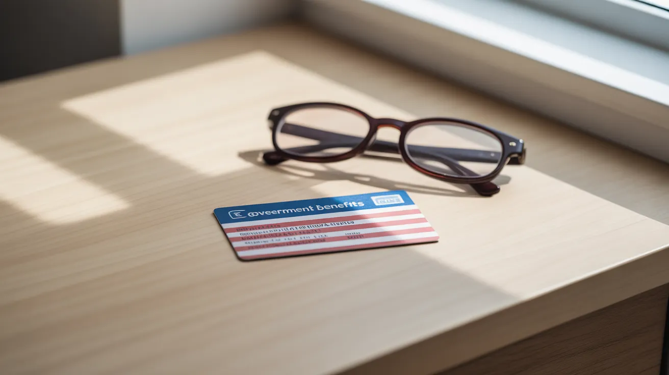 A top-down view of a generic, unreadable government benefits card next to a pair of reading glasses on a desktop in morning light.