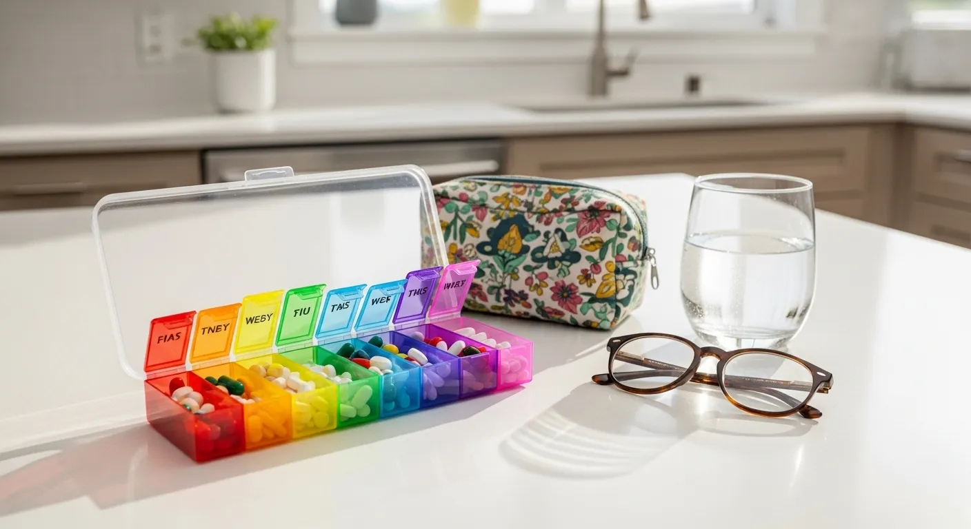 A weekly pill organizer, reading glasses, and a toiletry bag sit on a kitchen counter, ready for packing for a trip.