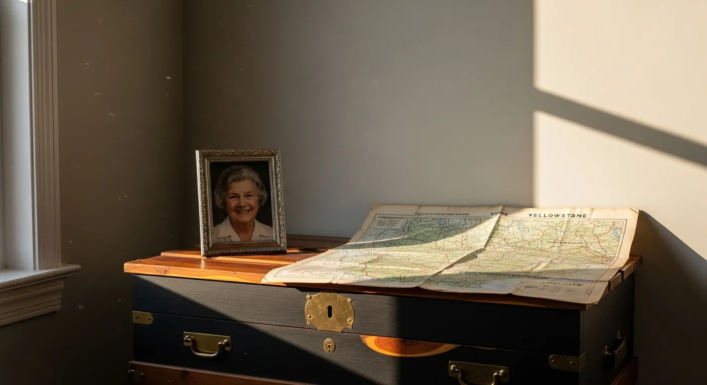 A wooden cedar chest in a sunlit corner holds a framed photo of an older woman and a vintage map, evoking memory and nostalgia.